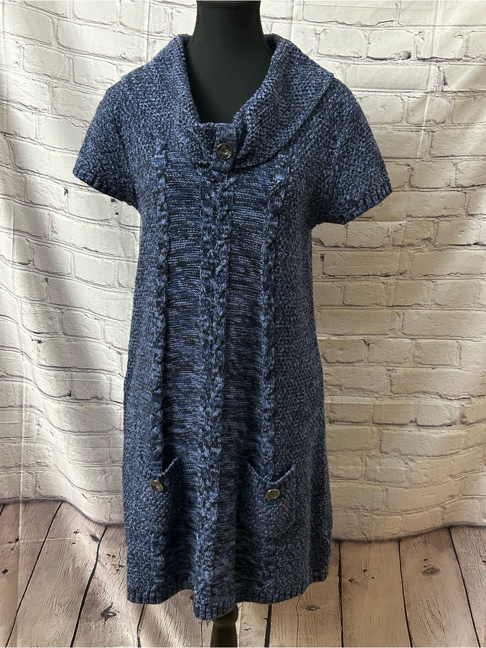 Style & Co. Navy Short-Sleeve Cable Knit Sweater Dress